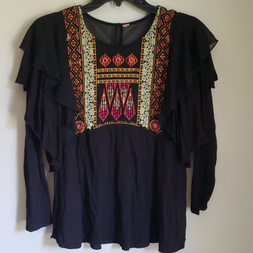 Free People Black Blouse with Colorful Embroidery